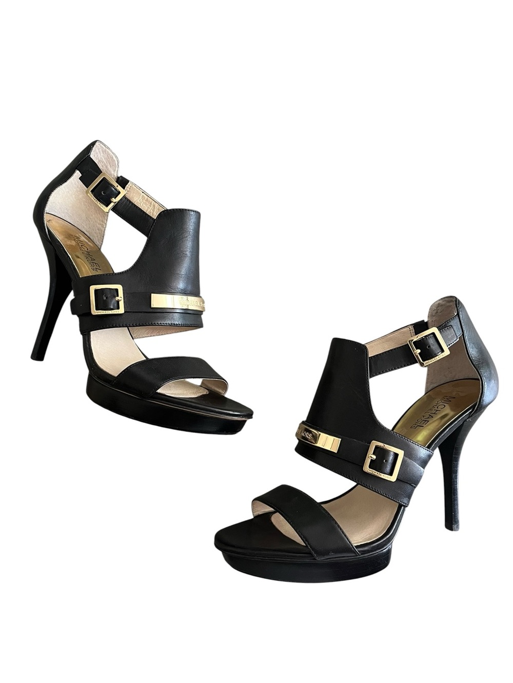 Michael Kors Jess Platform‎ Sandals Black Leather Gold Stud Heel Size 8.5 M